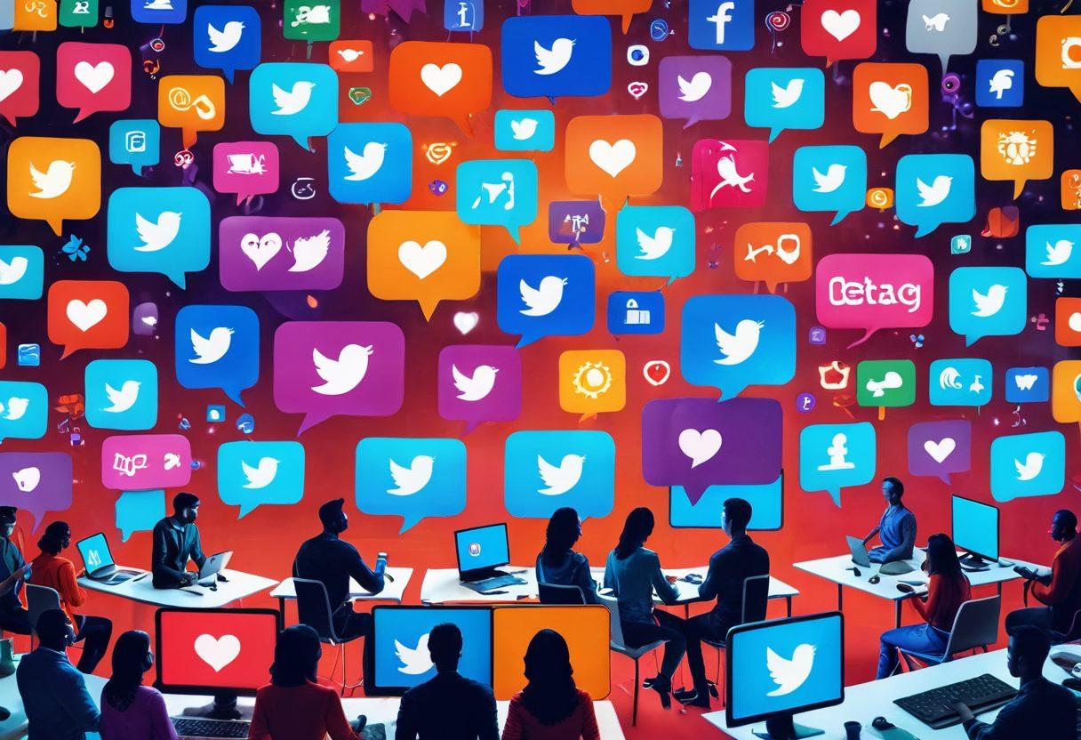 A vibrant digital landscape showcasing diverse individuals collaborating on content creation, surrounded by colorful screens depicting social media icons, video editing tools, and blog posts. Include elements like speech bubbles representing conversations and hearts symbolizing engagement. The scene should evoke a sense of connection and creativity among people from different backgrounds. super-realistic. vibrant colors. 3D.