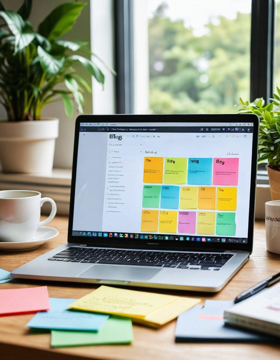 An open laptop with a beautifully designed blog interface on the screen, surrounded by colorful sticky notes with tips and ideas for blogging. A cozy coffee cup sits beside it, and a plant adds a touch of greenery. The background features a soft, blurred library or home office setting to evoke creativity and comfort. vibrant colors. cozy atmosphere. 3D.
