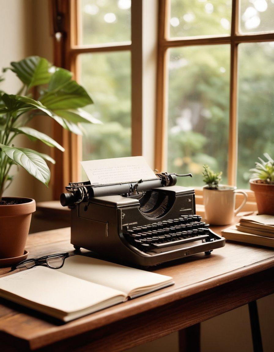 A cozy writer's desk adorned with a vintage typewriter, open notebooks filled with handwritten notes, and a steaming cup of coffee. In the background, a large window reveals a sunlit garden, symbolic of growth and inspiration. Scattered around are photographs representing personal stories, capturing life's moments. The atmosphere is warm and inviting, encouraging creativity and reflection. super-realistic. warm tones. soft focus.